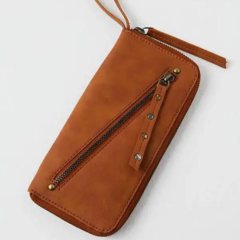 Free People Distressed Vegan Wallet Worn Finish Wrist strap Clutch Brown Tan